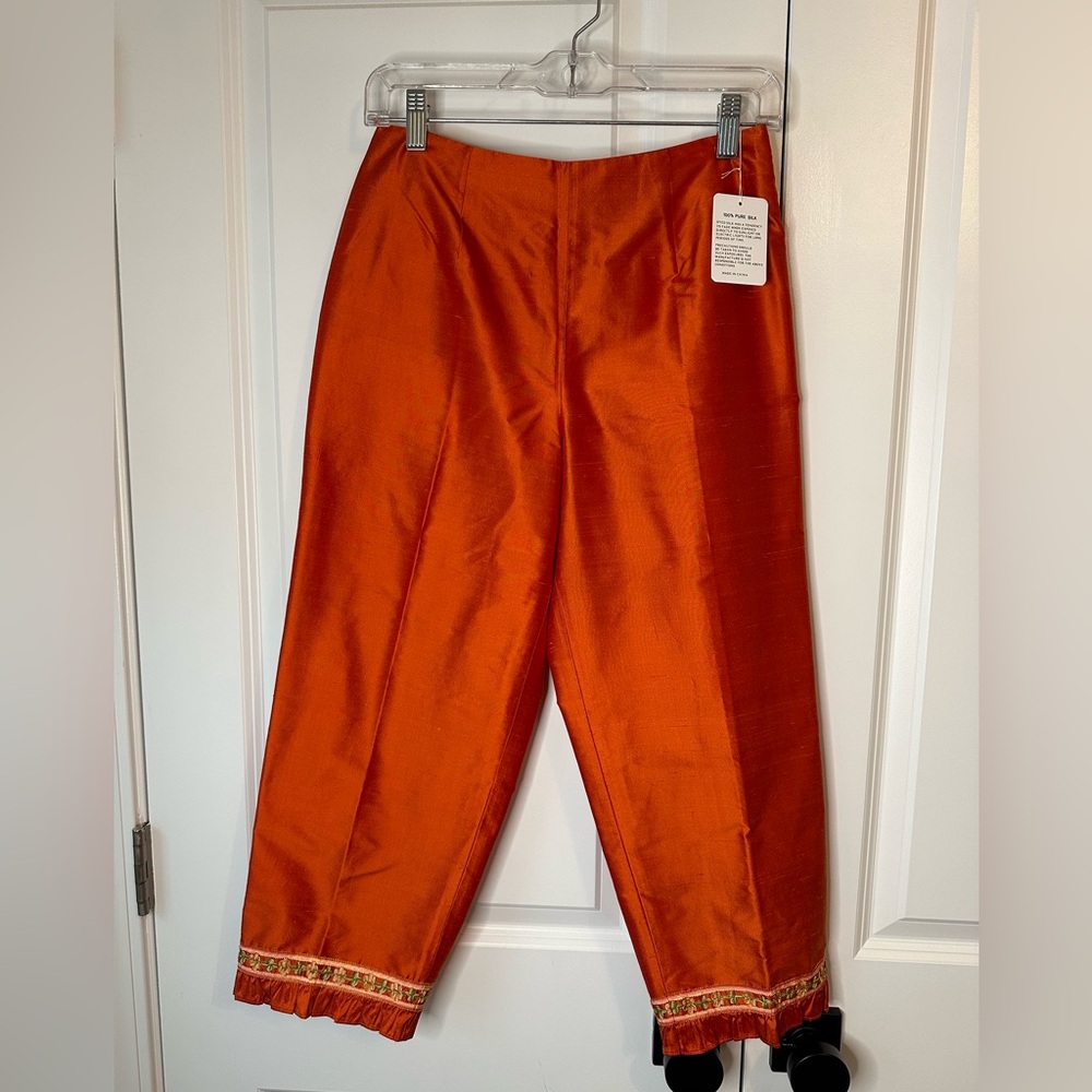 Vintage Neiman Marcus Women’s Silk Orange Embroidered Floral Pants NWT (Sz 4)